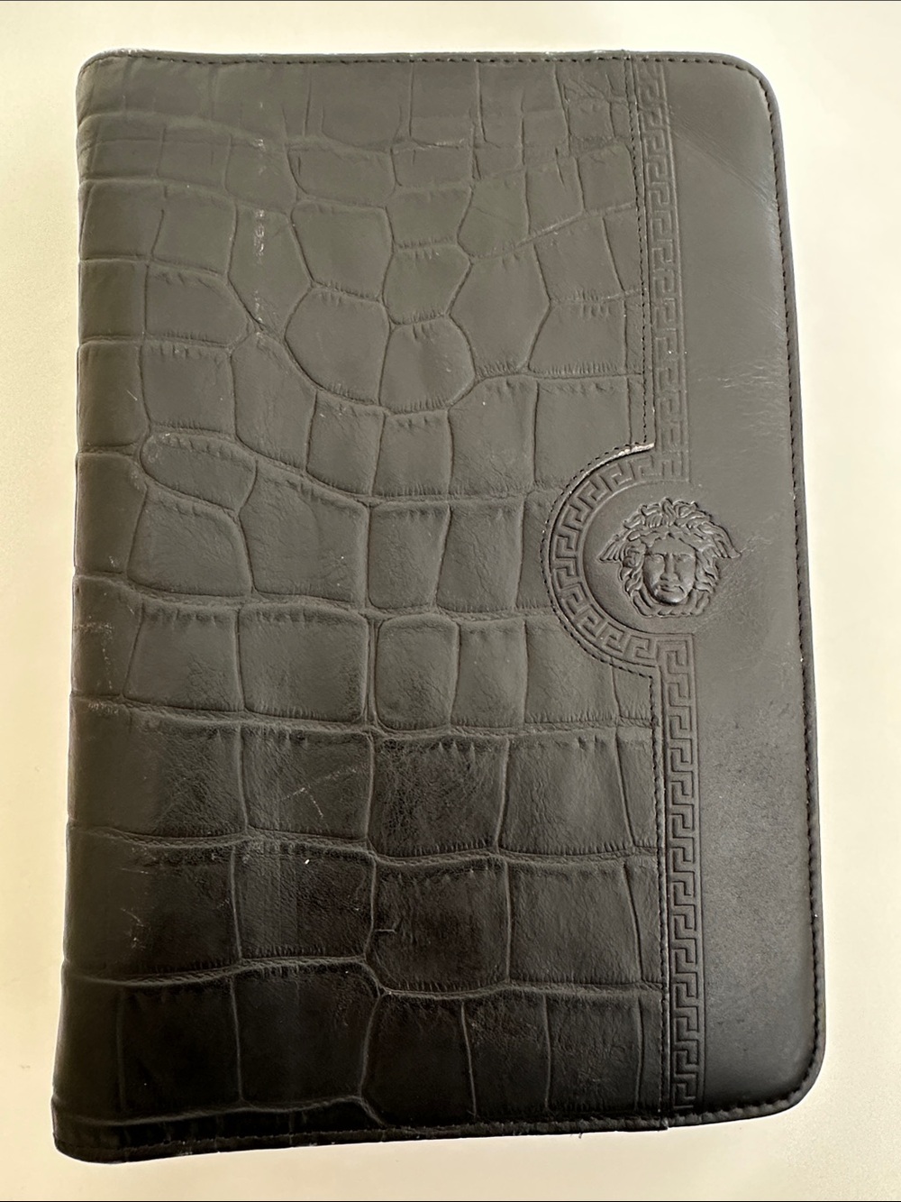 Gianni Versace Medusa Black Croc-Embossed Leather Folio Organizer 1996